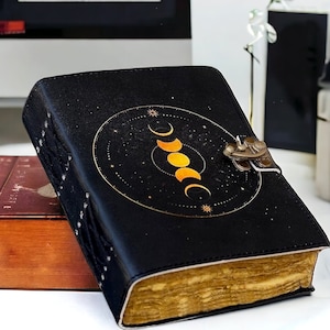Diario vintage in pelle con fasi lunari celestiali per uomo e donna, 400 pagine di carta antica fatta a mano con bordo frastagliato, album da disegno, regali