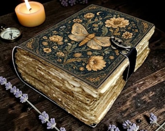 Moonlight Moth Handmade Vintage Leather Journal – Vintage Rustic Grimoire Diary with Clasp Lock