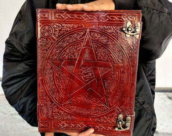 Large Leather Journal: Embossed Pentagram Grimoire, Handmade Paper