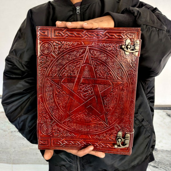 Large Journal Pentagram Vintage Leather Journal Grimoire Book of shadows Leather NoteBook with Handmade Paper Gifts for Him Her 13x10