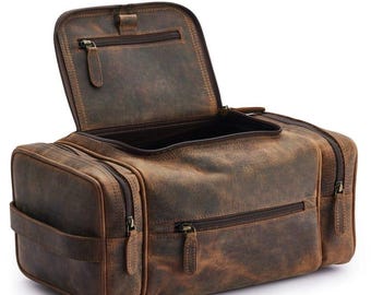 Vintage Leather Toiletry Bag, Spacious Travel Dopp Kit, Grooming Organizer (Large)