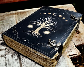 400 Page Large Grimoire Leather Journal, Print Tree of Life