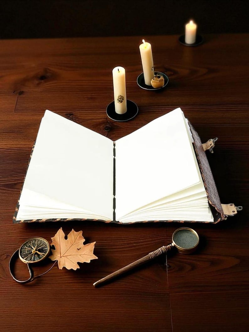 Handmade Leather Book of Shadows – Embossed Pentagram Wicca Journal, Gothic Grimoire image 3