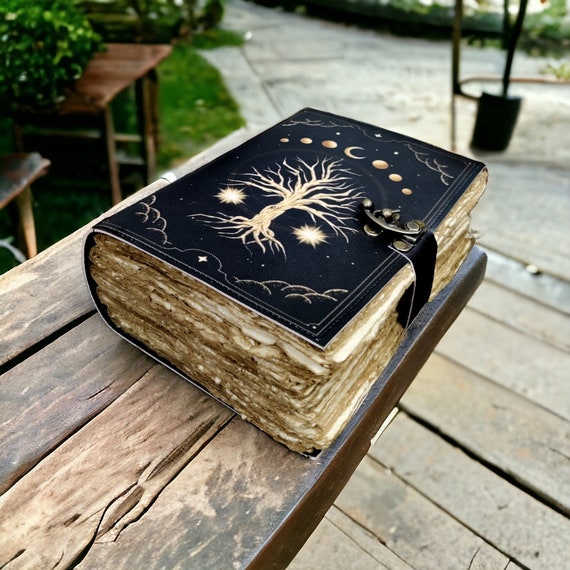Tree of Life Leather Grimoire Journal, Celestial Book of Shadows, Handmade Rustic Diary