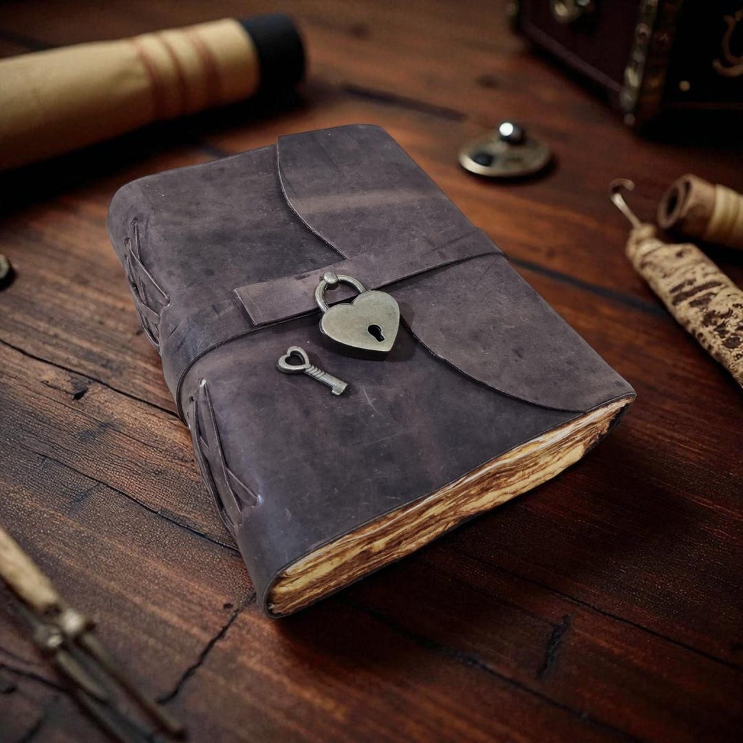 Rustic Leather Spell Book Journal: Heart Lock Grimoire, Blank Book of ...