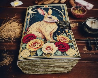 May include: A decorative journal with a rabbit illustration, surrounded by roses in shades of red, yellow, and cream. The cover has a dark blue background with a crescent moon and stars. The journal is closed with a metal clasp.