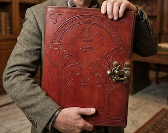 Doors of Durin Leather Journal – Embossed Elvish Fantasy Notebook, Brass Clasp Diary