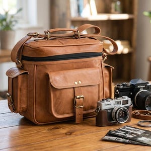 Peut inclure: Un sac photo en cuir marron clair avec une poignée supérieure, une bandoulière réglable et une poche avant fermée par une boucle. Le sac présente des ferrures en laiton, une fermeture éclair noire et des poches latérales. Un appareil Canon argenté et un Nikon noir sont posés à côté.