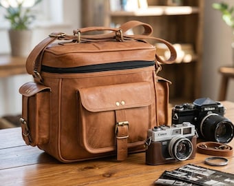 Genuine Leather DSLR Camera Bag | Padded Messenger Shoulder Bag (Tan Brown)