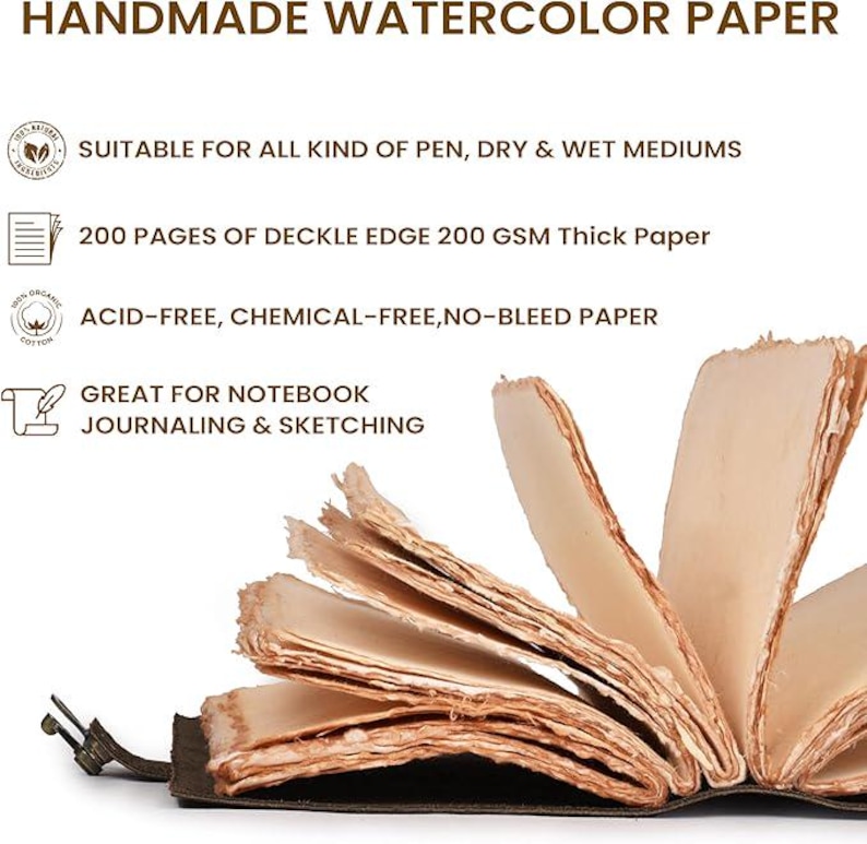 May include: Handmade watercolor paper notebook with deckle edges. The open book displays thick, cream-colored pages. Text on the image states it is suitable for pen, dry & wet mediums, with 200 pages of 200 GSM paper, acid-free, and great for journaling & sketching.