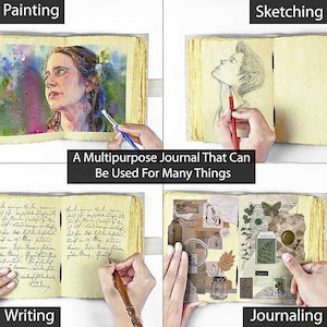 May include: A multipurpose journal with four panels showcasing its uses: painting, sketching, writing, and journaling. The journal's pages are a warm, aged tone. The text "A Multipurpose Journal That Can Be Used For Many Things" is displayed.