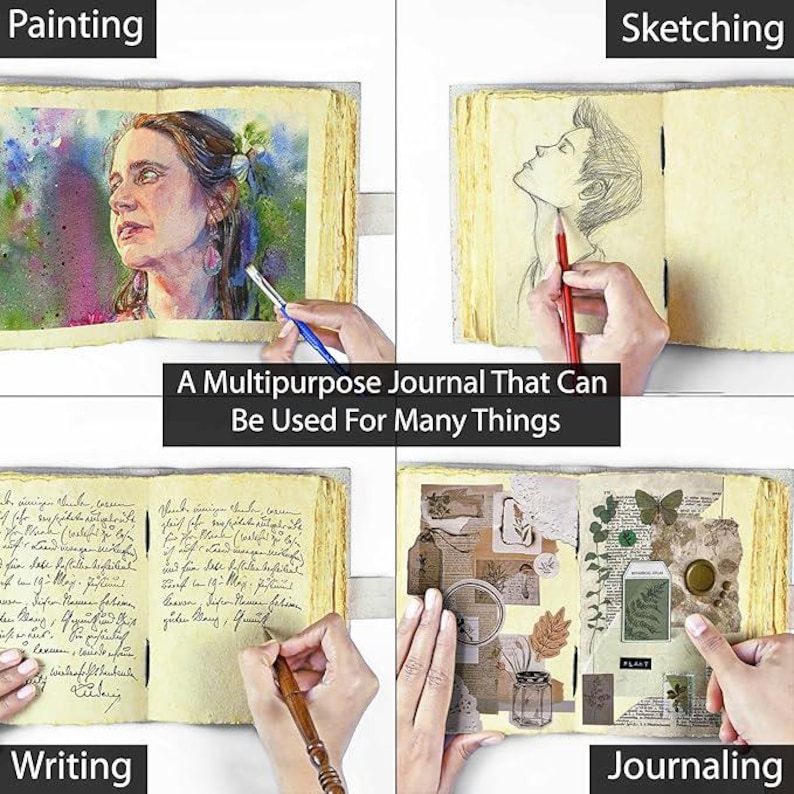 May include: A multipurpose journal with four panels showcasing its uses: painting, sketching, writing, and journaling. The journal's pages are a warm, aged tone. The text "A Multipurpose Journal That Can Be Used For Many Things" is displayed.