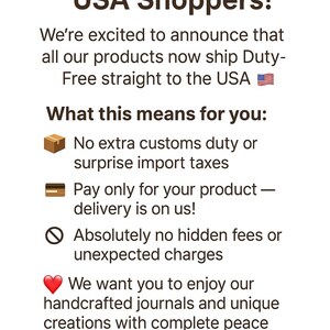 K&ouml;nnte beinhalten: Text auf wei&szlig;em Hintergrund: "Great News for Our USA Shoppers!" mit Informationen zum zollfreien Versand in die USA. Der Text enth&auml;lt Aufz&auml;hlungszeichen zu keinen zus&auml;tzlichen Zollgeb&uuml;hren und versteckten Kosten.