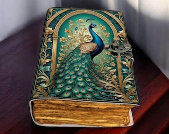 Peacock Leather Grimoire Journal, Blank Book of Shadows, Vintage Clasp Lock