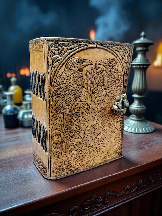 Embossed Leather Raven Journal: Norse Grimoire with Handmade Paper