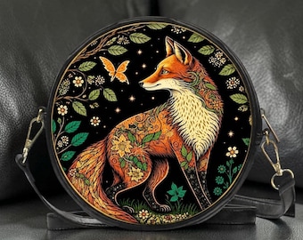Fox Crossbody Leather Bag – Enchanted Forest Red Fox Botanical Round Shoulder Purse for Women