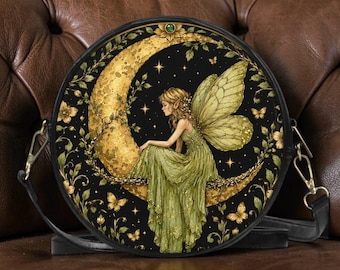 Fairy Moon Crossbody Bag – Gothic Fantasy Leather Purse (Round)