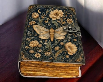 Moth Handmade Vintage Leather Journal – Butterfly Vintage Rustic Grimoire Diary with Clasp Lock