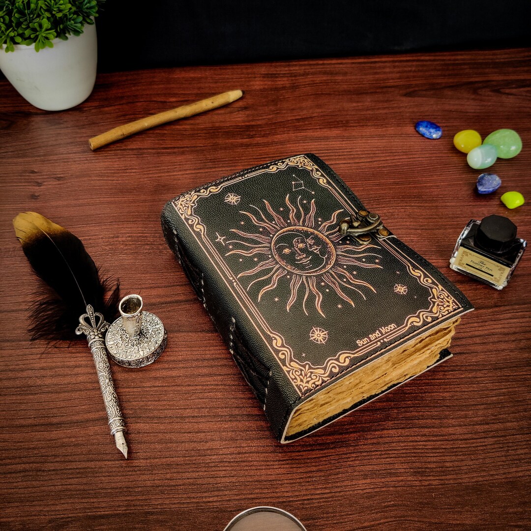 Sun and Moon Vintage Leather Journal Grimoire Journal Blank Spell Book ...