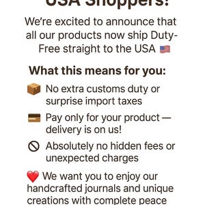 May include: Text on a white background reads "Great News for Our USA Shoppers!" followed by details about duty-free shipping to the USA. The text includes bullet points about no extra customs duties and hidden fees.