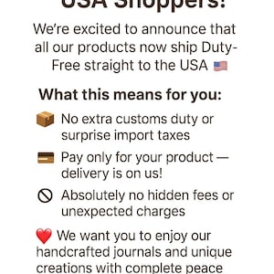May include: Text on a white background reads "Great News for Our USA Shoppers!" followed by details about duty-free shipping to the USA. The text includes bullet points about no extra customs duties and hidden fees.
