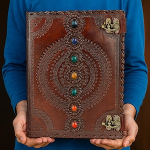 Extra large Seven chakra stone Personalized Handmade Vintage Leather Journal Book of Shadows Grimoire Junk Leather NoteBook SketchBook