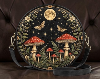 Mushroom Moon Crossbody Leather Bag – Enchanted Forest Butterfly Round Gothic Cottagecore Shoulder Purse