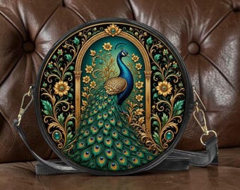 Peacock Crossbody Leather Bag – Vintage Botanical Peacock Round Shoulder Purse with Floral Design