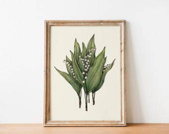 Lily of the valley Illustration hand drawn Print, Living room Cottagecore decor, INSTANT Digital Downloadable Wall Art