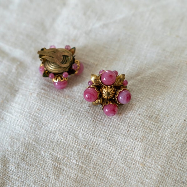 Boucles d'oreilles vintage à clip - métal doré et pierres roses