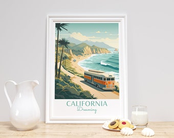 California Dreaming Digital Download Print, California Coast USA Vintage Style Travel Poster, Printable Poster