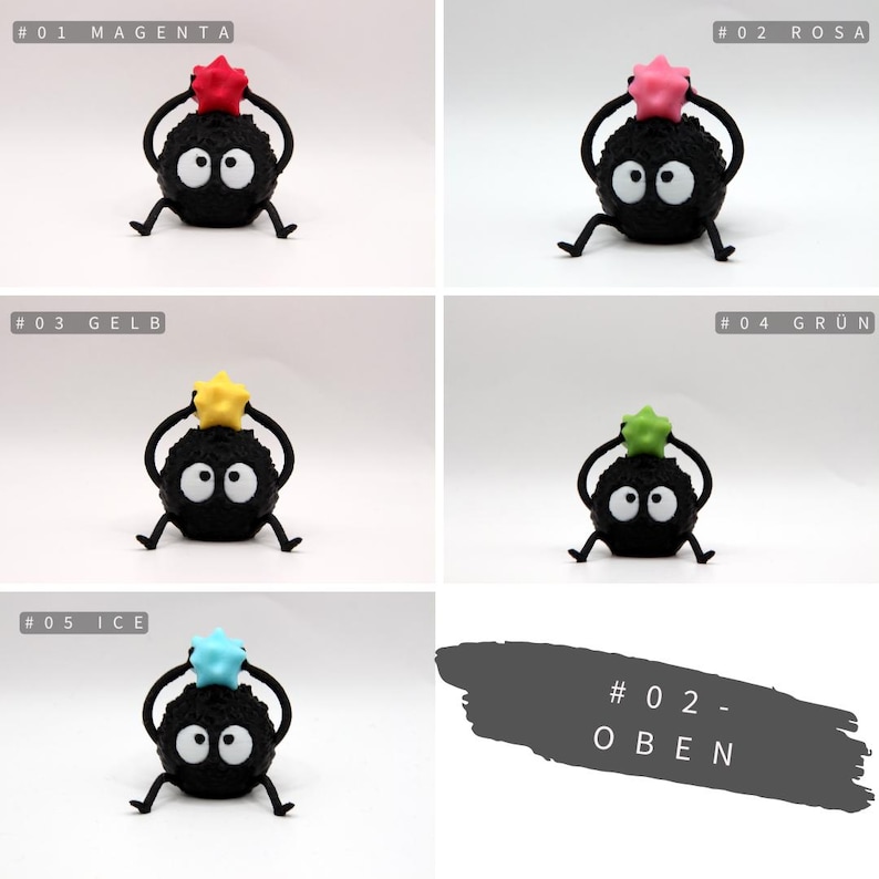 May include: Five black and white plush toys with different colored stars on top. The stars are magenta, pink, yellow, green, and blue. The toys are all in the same pose, with their arms raised above their heads and holding the stars. The text "#02-OBEN" is written in white on a gray background.
