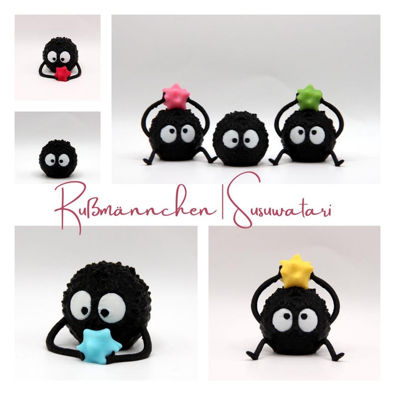 May include: Five black fuzzy round creatures with white eyes and small arms and legs. Each creature is holding a different colored star. The stars are pink, green, yellow, blue, and light blue.