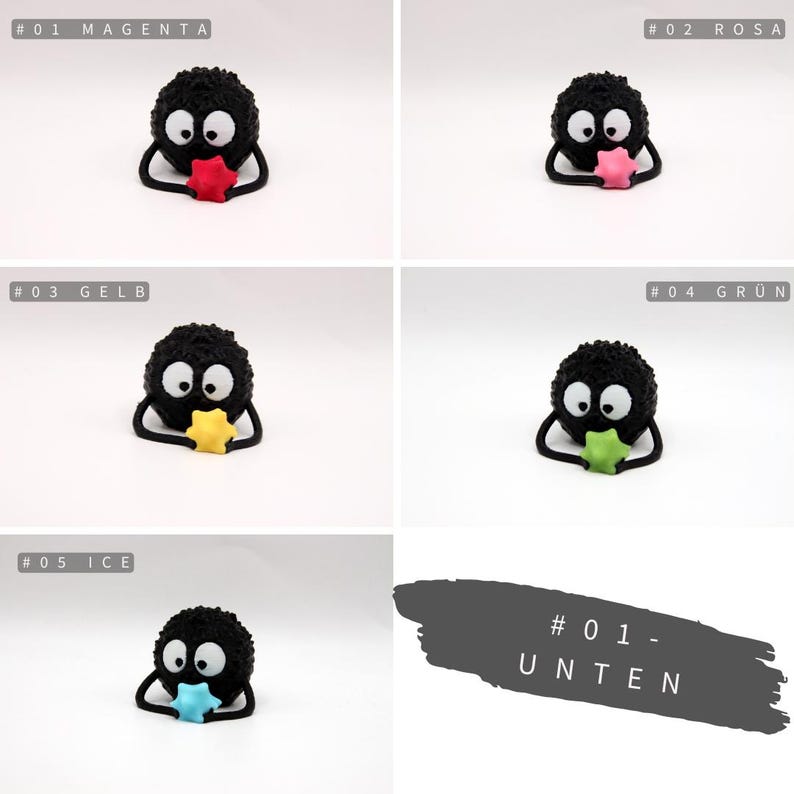 May include: Five black fuzzy round characters with large eyes holding a star in their hands. The stars are different colors: red, pink, yellow, green, and blue. The characters are on a white background. The text #01-UNTEN is at the bottom of the image.