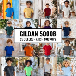 May include: A collection of kids' t-shirt mockups in various colors. The Gildan 5000B t-shirts are shown on children in different poses and settings.  25 Colors - Kids - Mockups