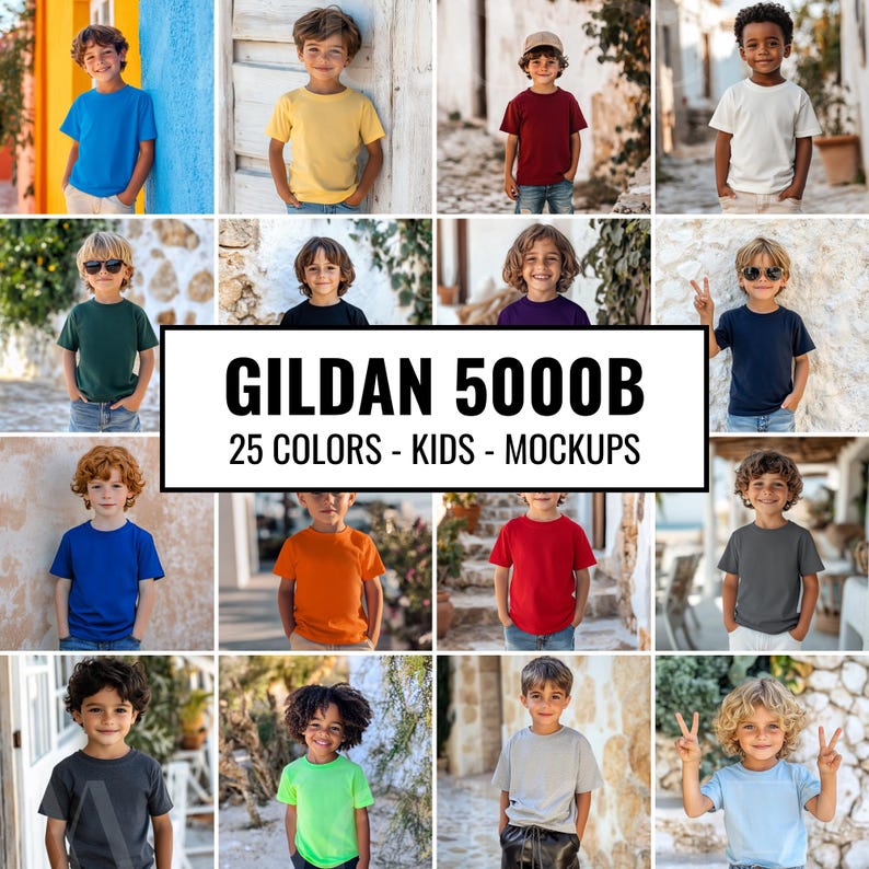May include: A collection of kids' t-shirt mockups in various colors. The Gildan 5000B t-shirts are shown on children in different poses and settings.  25 Colors - Kids - Mockups