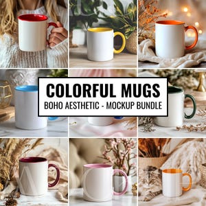 May include: A set of colorful mugs with different colored rims, perfect for a boho aesthetic. The mugs are arranged in a variety of settings, including on a table, in a hand, and on a blanket. The text "COLORFUL MUGS" and "BOHO AESTHETIC - MOCKUP BUNDLE" is displayed on the image.