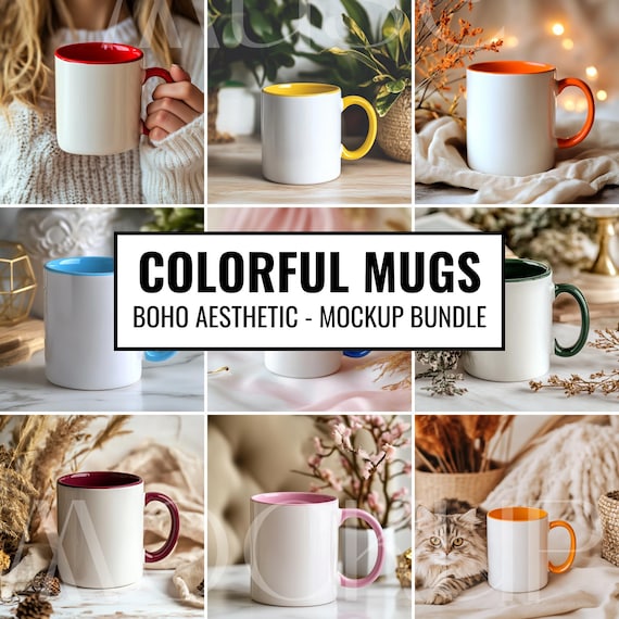 Colorful Mug Mockups Boho Cup Mockup Aesthetic Colorful Coffee Mug Mockup Bundle Yellow Pink Purple Blue Black Navy Orange Red 11oz Mockup