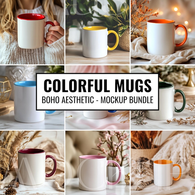 May include: A set of colorful mugs with different colored rims, perfect for a boho aesthetic. The mugs are arranged in a variety of settings, including on a table, in a hand, and on a blanket. The text "COLORFUL MUGS" and "BOHO AESTHETIC - MOCKUP BUNDLE" is displayed on the image.