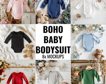 Makieta body niemowlęcego, makieta z długim rękawem, makieta kombinezonu niemowlęcego, makieta Boho Flatlay, skórki królika 4411, makieta body niemowlęcego, makieta koszulki dziecięcej, kolory