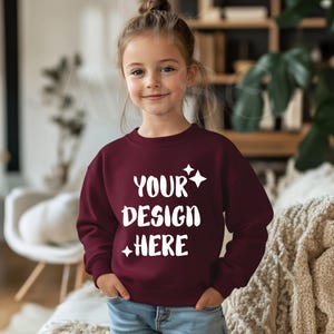 Kids Maroon Sweater Mockup Sweat Little Girl Toddler Mockup Child Gildan 18000B Mockup Girl Maroon Sweatshirt Mockup Childrens Crewneck