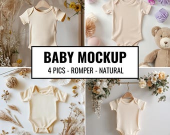 Makieta body niemowlęcego Boho Baby Makieta krótkiego rękawa Naturalny kombinezon niemowlęcy Makieta Flatlay Beżowy body niemowlęcy Makieta koszulki niemowlęcej
