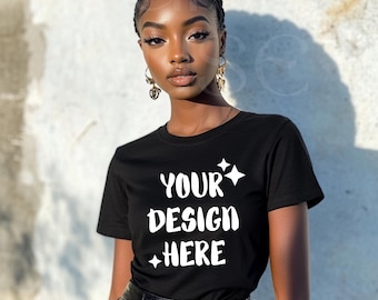 Maqueta de camiseta de lona Bella, maqueta de camiseta bohemia, maqueta de camiseta negra para chica, maqueta de estilo de vida Bella Canvas 3001, maqueta de camiseta negra bohemia, estilo para chica negra