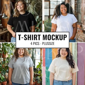 May include: Four photos of different people wearing plain t-shirts in various colors. The t-shirts are a black, white, gray, and beige. The photos are used as a mockup for t-shirt designs. T-SHIRT MOCKUP 4 PICS - PLUSSIZE