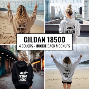 以下が含まれることがあります： 4色の異なるカラー（ベージュ、白、黒、ヘザーグレー）のGildan 18500フーディーマックアップの背面を4つの角度から見たものです。「YOUR DESIGN HERE」というテキストが各フーディの背面に印刷されています。