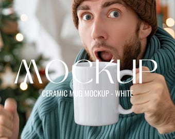 White Mug Mockup Christmas White Ceramic Mug Mockup Man Coffee Cup Mockup Winter Ceramic Mug 11oz Xmas Mug Mockup Funny Cup Male