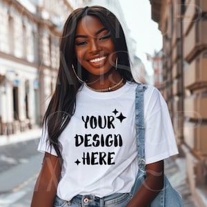 African American White Tshirt Mockup Bella Canvas 3001 Black Girl Shirt Mockup Dark Skin Female Tshirt Boho White Tee Mockup Lifestyle