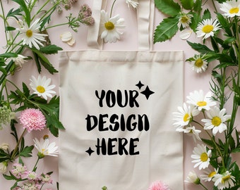 Summer Tote Bag Mockup Natural Tote Bag Boho Flower Mockup Beige Canvas Tote Lifestyle Mockup Flatlay Tote Bag Cute Girly Mockup Canvas Bag