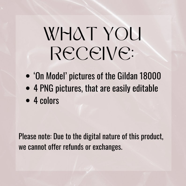 Op de afbeelding: Tekst die "WHAT YOU RECEIVE:" luidt, gevolgd door een lijst met items: 'On Model'-foto's van de Gildan 18000, 4 PNG-afbeeldingen die gemakkelijk te bewerken zijn, en 4 kleuren. De tekst luidt ook "Let op: Vanwege de digitale aard van dit product kunnen we geen restituties of omruilingen aanbieden."