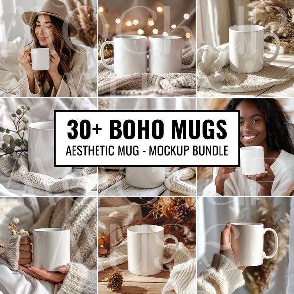 Maquette de 30 tasses bohèmes, tasse blanche bohème, maquette de tasse à café, lot de maquettes esthétiques de tasses bohèmes, maquette de tasse blanche de 11 oz, ensemble minimal de tasses en céramique